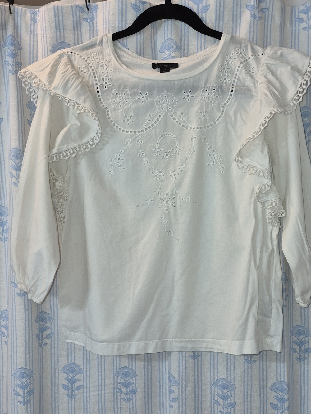 J Crew White Eyelet  Embroidered ruffle-3/4 sleeve Blouse Top Sz XS